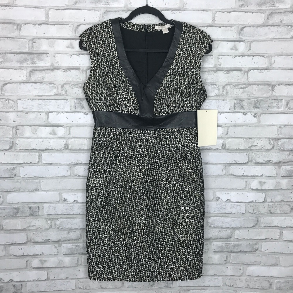 Boston Proper‎ Dress Womens 6 V-Neck Tweed Sheath Pleather Trim Black Sparkle